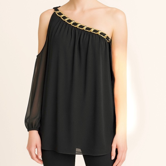 Julie Brown NYC Sheer Black One Shoulder Blouse Gold Chain Neckline - Picture 1 of 8